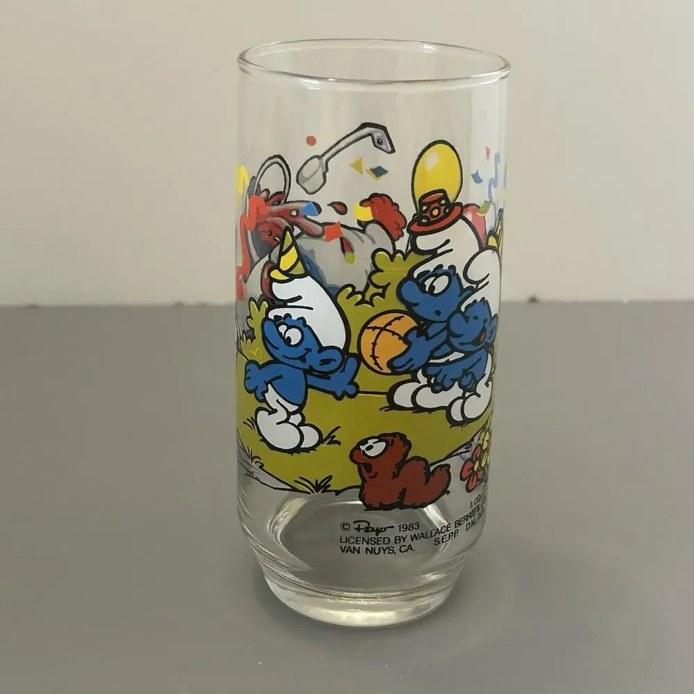 Smurf Clumsy and Harmony Collector Glass/Tumbler 1983 Peyo Vintage 6” Lot of 2